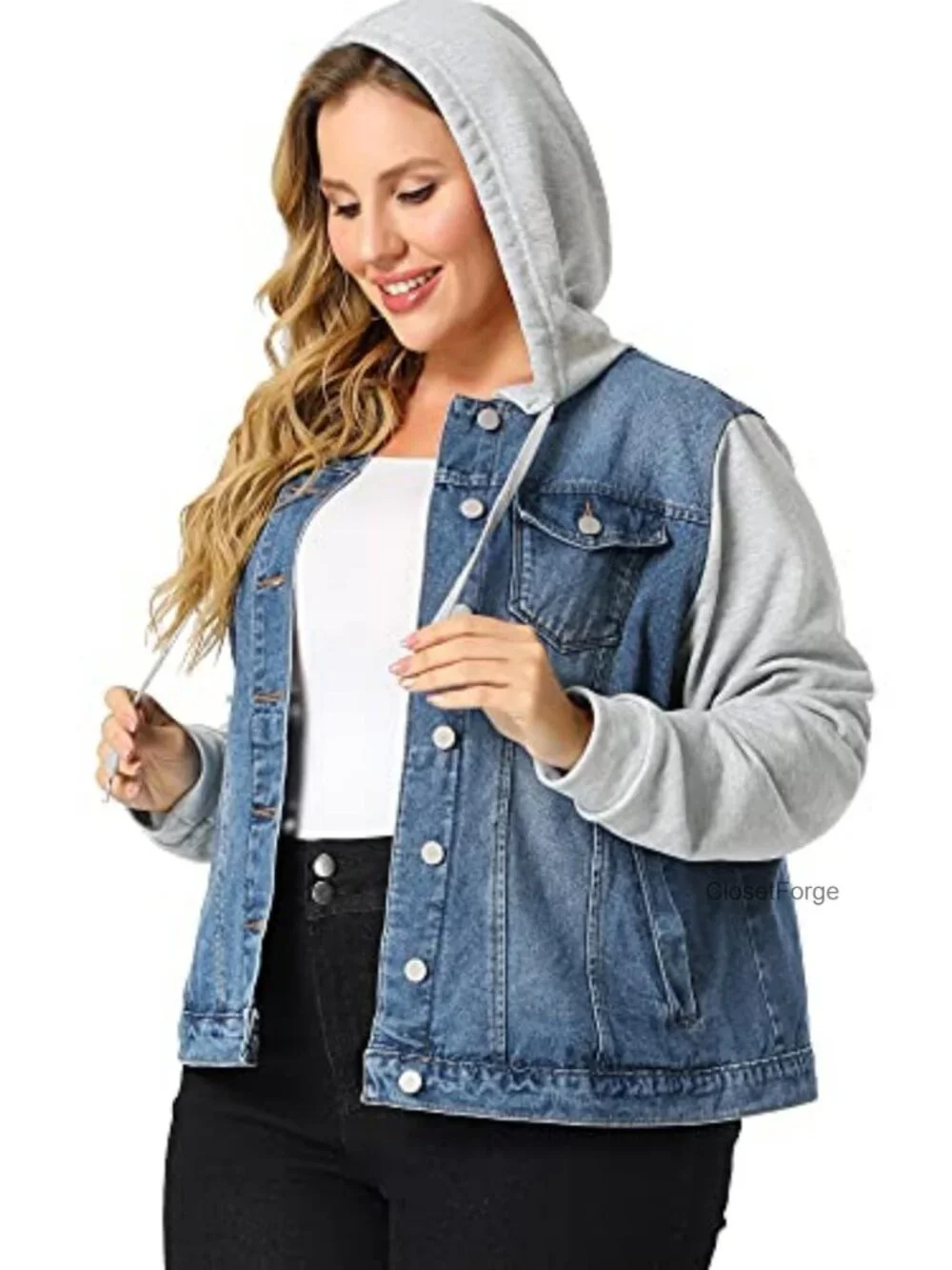 Plus Size Denim Jacket with Drawstring Hoodie Button Up